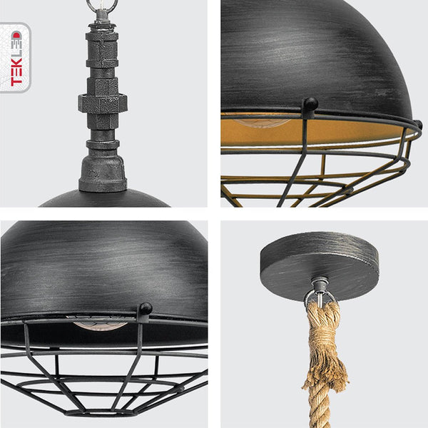 Hemp Rope Silvery Grey Metal Industrial Vintage Pendant Ceiling Light