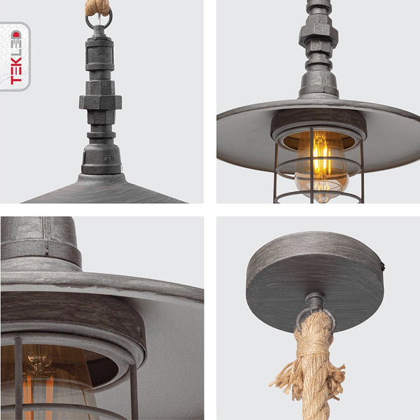 Hemp Rope Silvery Grey Metal Industrial Vintage Pendant Ceiling Light