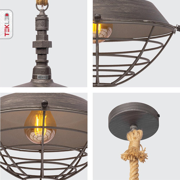 Hemp Rope Silvery Grey Metal Industrial Vintage Pendant Ceiling Light