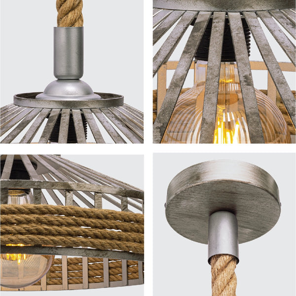 Silvery Grey Metal Hemp Rope Cage Pendant Ceiling Light E27