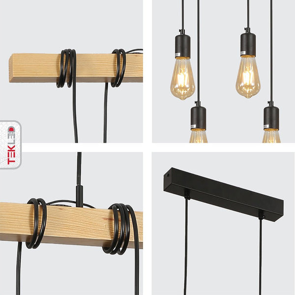 Rustic Wooden and Bamboo Beam Pendant Lights with Multiple Lamp Holders