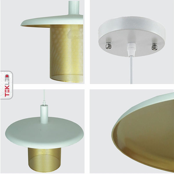 White-Golden Metal Caged Flat Pendant Ceiling Light E27