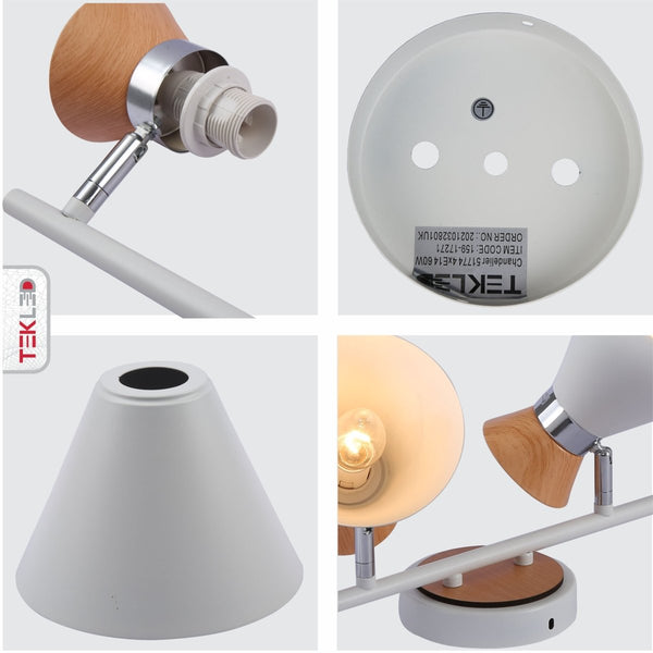White Metal Wood Funnel Shade White Body Semi Flush Ceiling and Wall Light E14