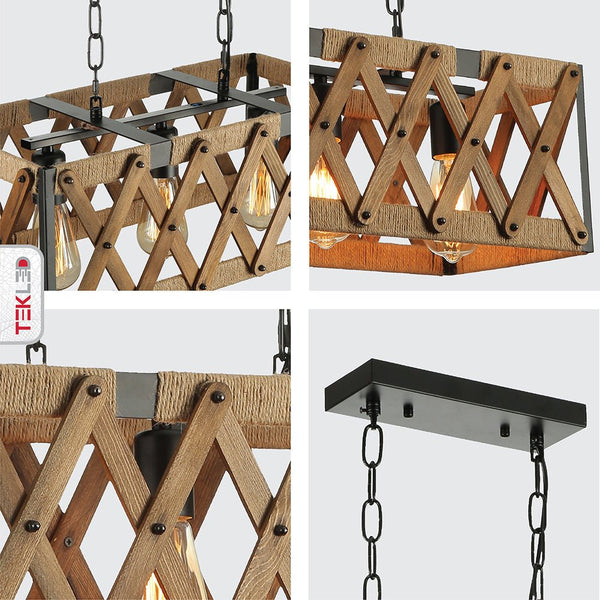 Oak Wood Farmhouse Cuboid Island Chandelier Ceiling Light