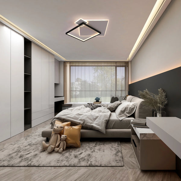 Layered Square LED Ceiling Light, CCT Tunable with Remote, Black & White, 72W, Flush Mount