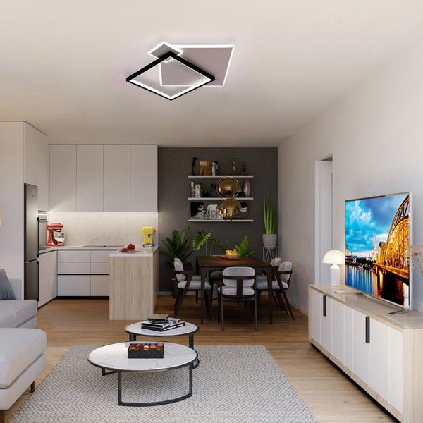 Layered Square LED Ceiling Light, CCT Tunable with Remote, Black & White, 72W, Flush Mount