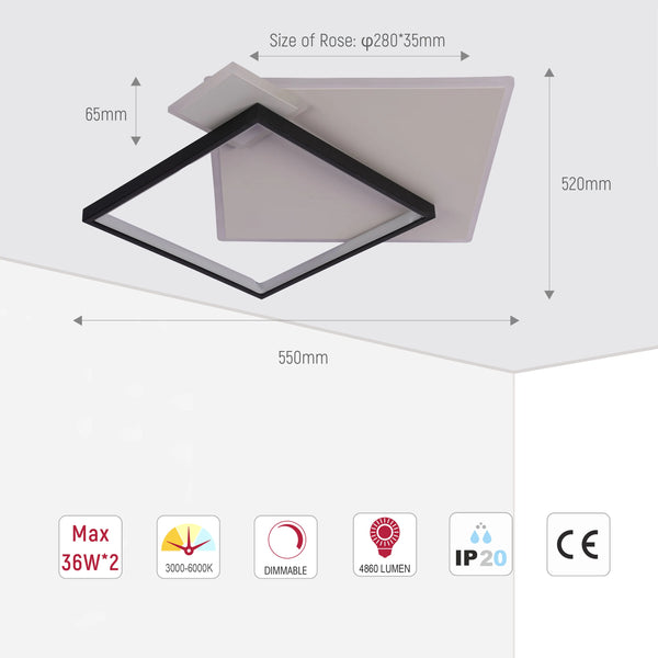 Layered Square LED Ceiling Light, CCT Tunable with Remote, Black & White, 72W, Flush Mount