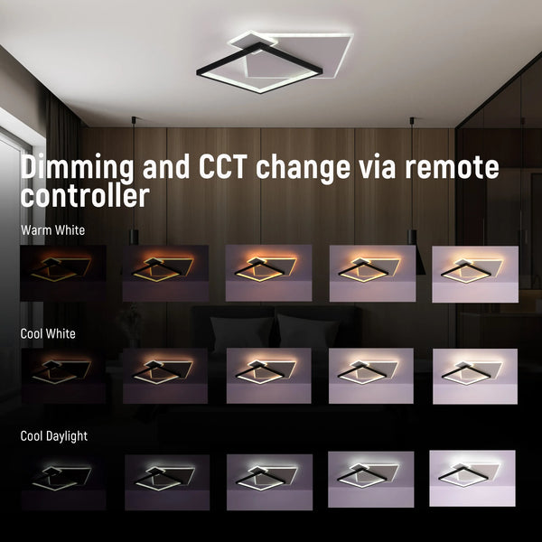 Layered Square LED Ceiling Light, CCT Tunable with Remote, Black & White, 72W, Flush Mount