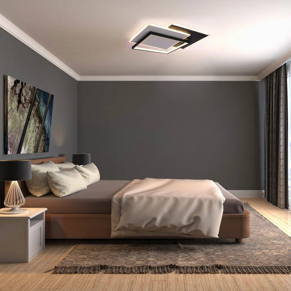 Layered Square LED Ceiling Light, CCT Tunable with Remote, Black & White, 72W, Flush Mount