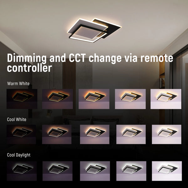 Layered Square LED Ceiling Light, CCT Tunable with Remote, Black & White, 72W, Flush Mount