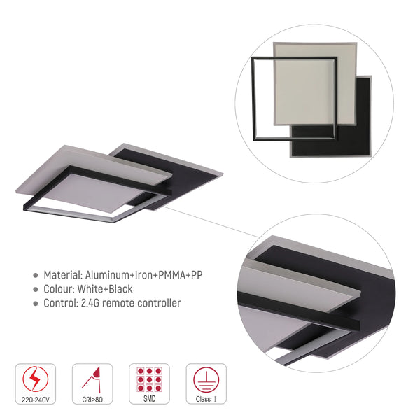 Layered Square LED Ceiling Light, CCT Tunable with Remote, Black & White, 72W, Flush Mount
