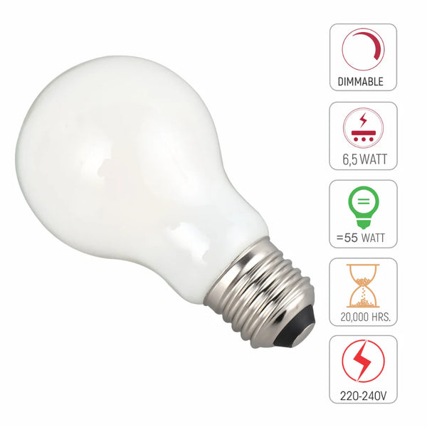 LED Bulb Dimmable A60 GLS E27 6.5W 2700K Milky Glass Pack of 2