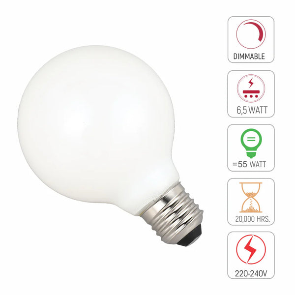LED Bulb Dimmable Globe E27 6.5W 2700K Milky Glass Pack of 2