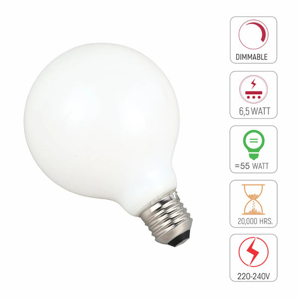 LED Bulb Dimmable Globe E27 6.5W 2700K Milky Glass Pack of 2