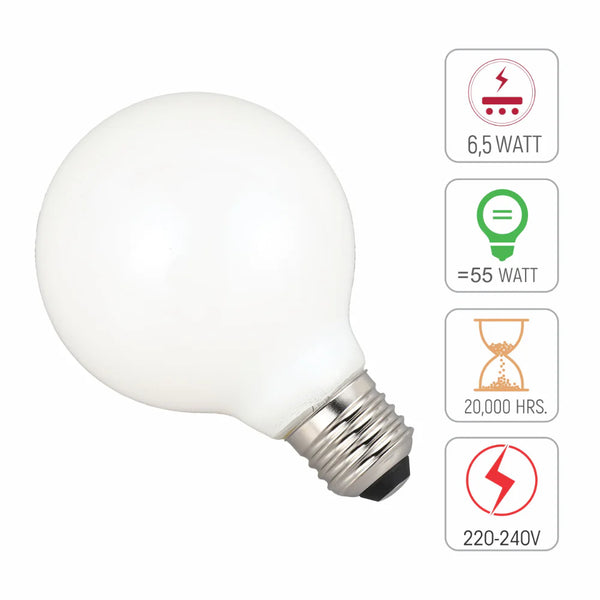LED Bulb Globe G80 E27 6.5W 2700K Milky Glass Pack of 2