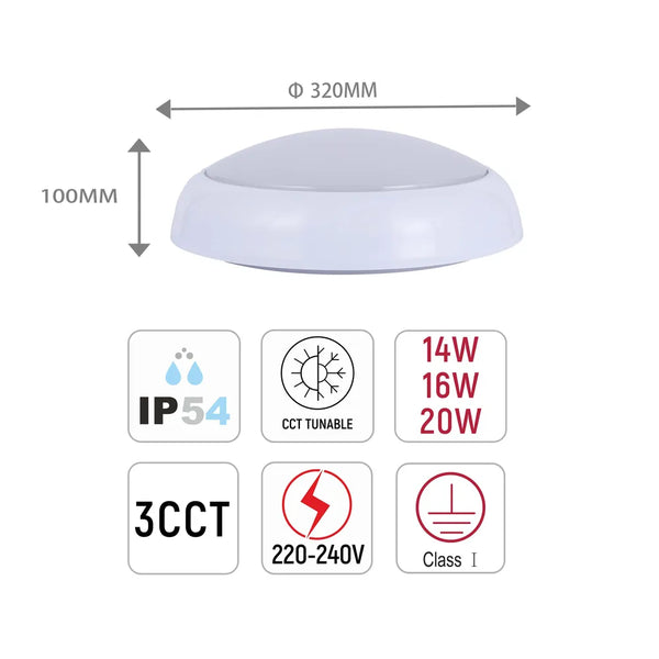 LED Paladin Bulkhead 14-16-20 W 3CCT IP54 with White Rim