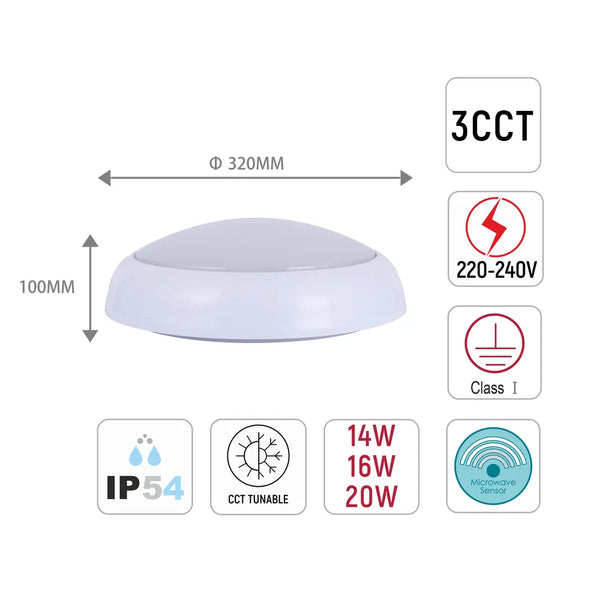 LED Paladin Bulkhead 14-16-20 W 3CCT IP54 with White Rim