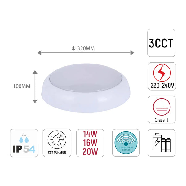 LED Paladin Bulkhead 14-16-20 W 3CCT IP54 with White Rim