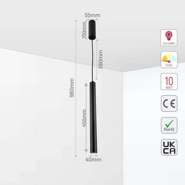 Integrated LED Modern Cylinder Pendant Ceiling Light Suspended Downlight Black