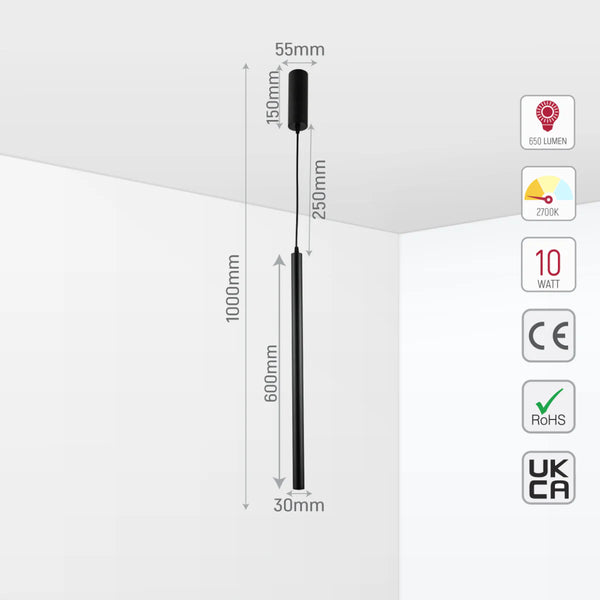 Integrated LED Modern Cylinder Pendant Ceiling Light Suspended Downlight Black