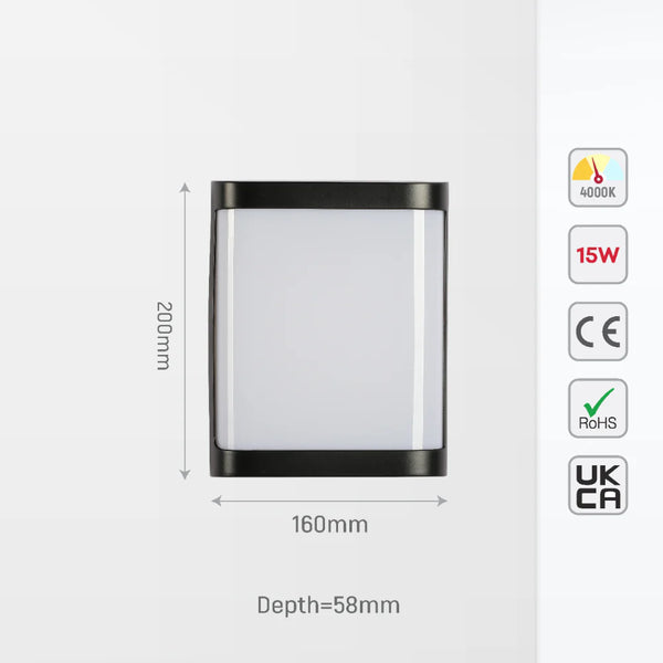 LED Plastic Black Modern Square Outdoor Wall Light 15W Cool White