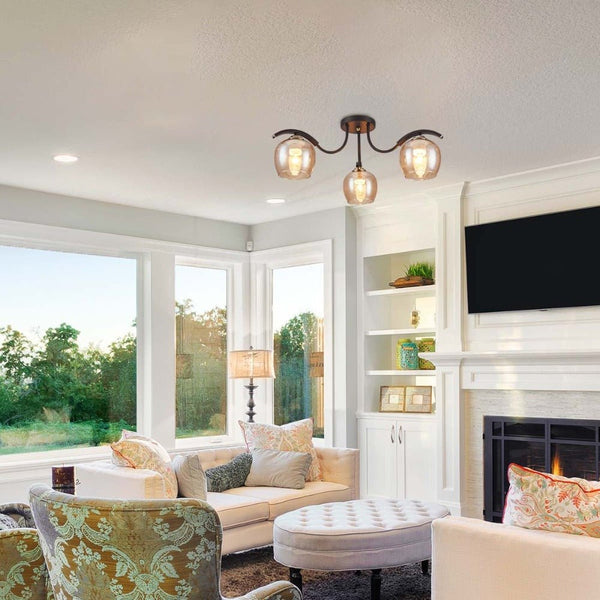 Amber Glass Black Semi-Flush Ceiling Light E27