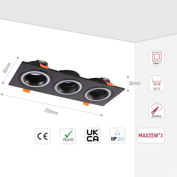 Low UGR Fixed Recessed GU10 Downlighter Square