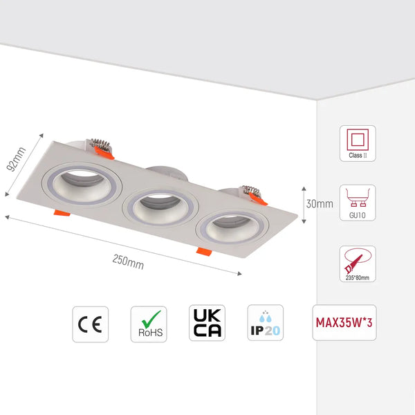 Low UGR Fixed Recessed GU10 Downlighter Square