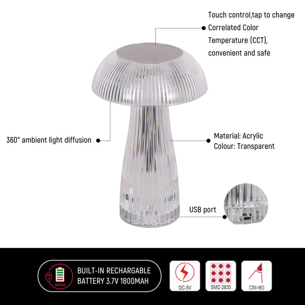 Lumi Crystal Touch: Rechargeable Mushroom-Shaped LED Table Lamp | Bedside Lamp