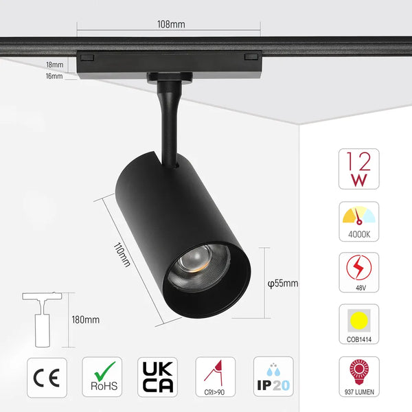 Magnetic Cylinder Focus LED Track Light Black 4000K