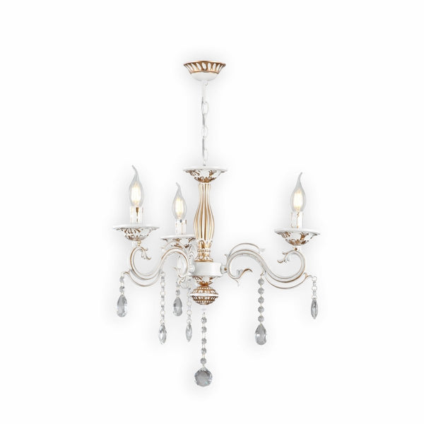 Traditional French Vintage Retro Candle Metal and Crystal Gold Aged Cream Arm Chandelier Ceiling Light E14