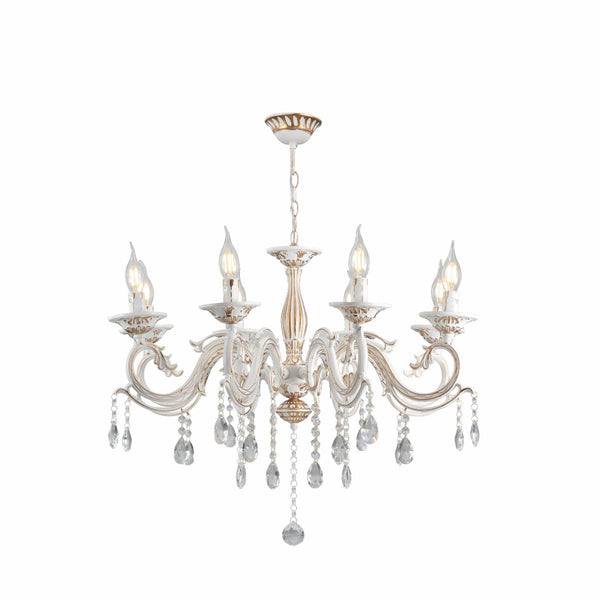 Traditional French Vintage Retro Candle Metal and Crystal Gold Aged Cream Arm Chandelier Ceiling Light E14