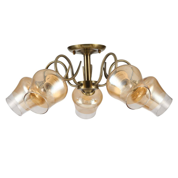 Amber Bell Glass Antique Brass Metal Semi Flush Ceiling Light