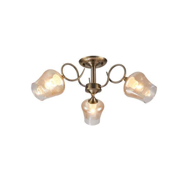 Amber Bell Glass Antique Brass Metal Semi Flush Ceiling Light
