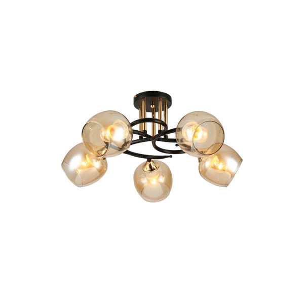 Amber Bell Glass Black Gold Metal Semi Flush Ceiling Light