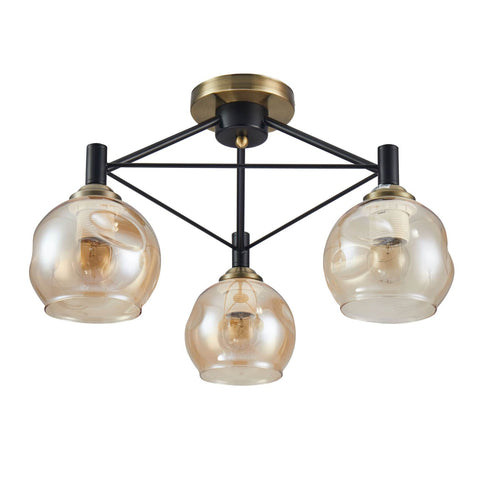 Amber Bell Glass Black Metal Semi Flush Ceiling Light
