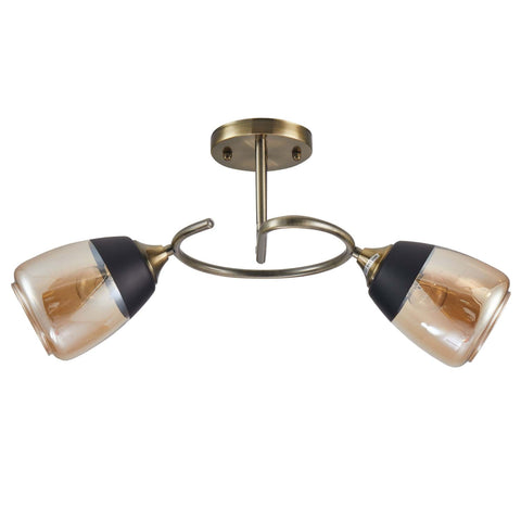 Amber Black Bell Glass Antique Brass Metal Spiral Semi Flush Ceiling Light