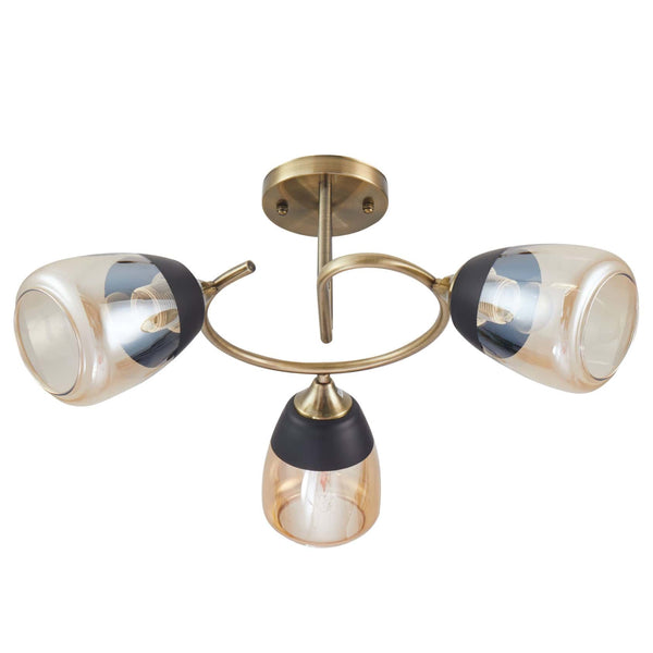 Amber Black Bell Glass Antique Brass Metal Spiral Semi Flush Ceiling Light