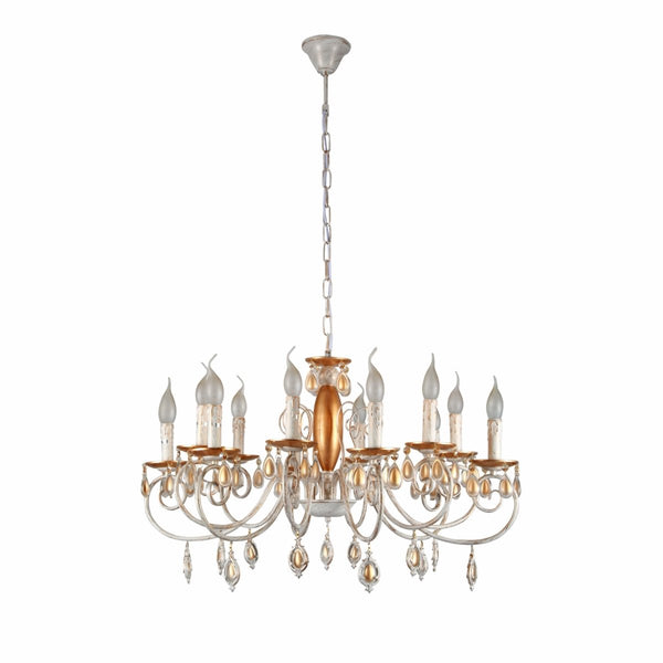 Amber Crystal Gold and White Metal Arm Ceiling Chandelier Light E14