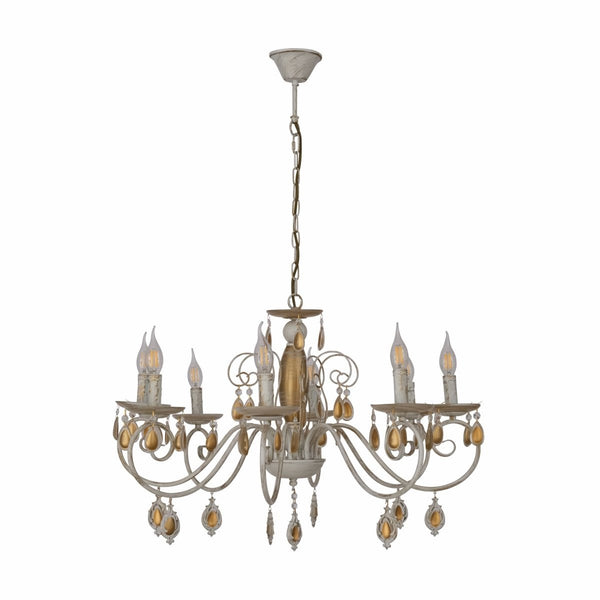 Amber Crystal Gold and White Metal Arm Ceiling Chandelier Light E14