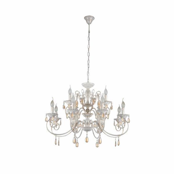 Amber Crystals Rice White with Gold Brushed Metal Arm Ceiling Chandelier Light E14
