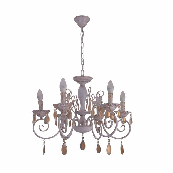 Amber Crystals Rice White with Gold Brushed Metal Arm Ceiling Chandelier Light E14