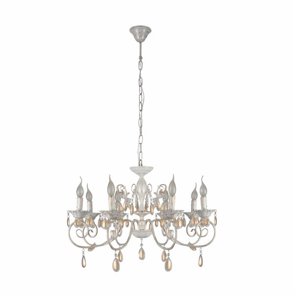 Amber Crystals Rice White with Gold Brushed Metal Arm Ceiling Chandelier Light E14