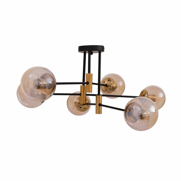 Opal Clear Amber Glass Globe Gold and Black Metal Semi Flush Ceiling Light E27
