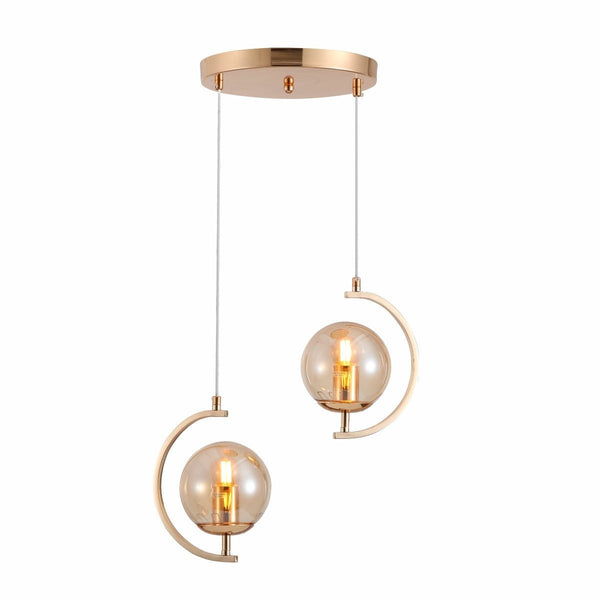 Amber or Smoky Glass Globe Crescent Gold or Chrome Metal Modern Ceiling Pendant Light