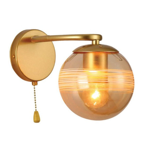 Amber Globe Glass Gold Ellipse Metal Body Modern Wall Light with Pull Down Switch E27 Fitting