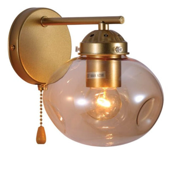 Amber Globe Glass Gold Metal Vintage Retro Wall Light with Pull Down Switch E27 Fitting