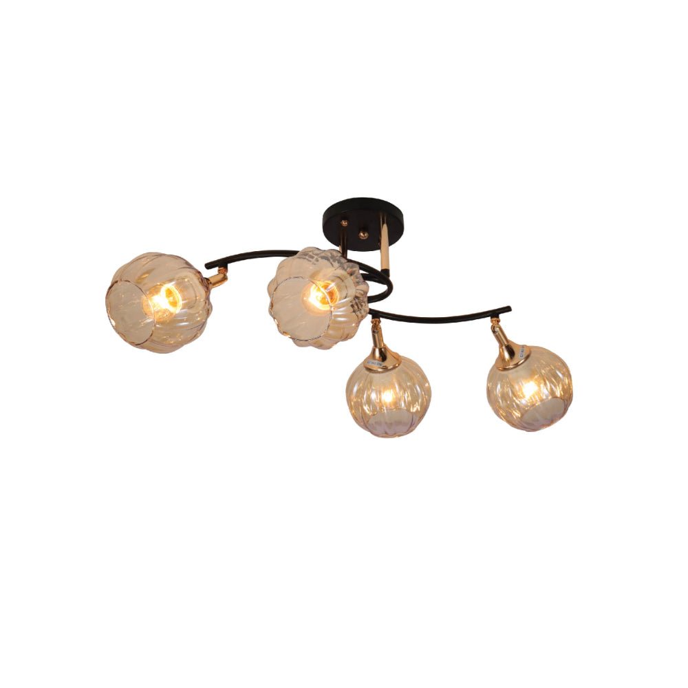 Amber Reeded Globe Glass Black Gold Metal Body Vintage Retro Semi Flush Ceiling Light E27 Fittings