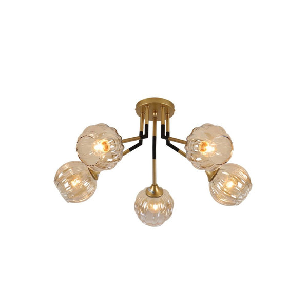 Amber Reeded Globe Glass Gold Metal Vintage Retro Semi Flush Ceiling Light E27 Fittings