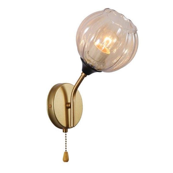 Amber Reeded Globe Glass Gold Metal Vintage Retro Wall Light with Pull Down Switch E27 Fitting